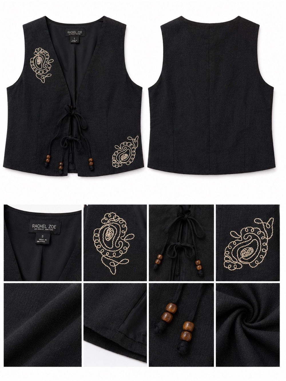 Rachel Zoe Black Sleeveless Tie-Front Embroidered Vest